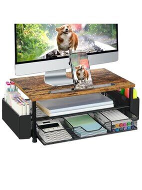 Monitor Stand Riser Desk Organizer With Drawer Phone Holder Office Storage